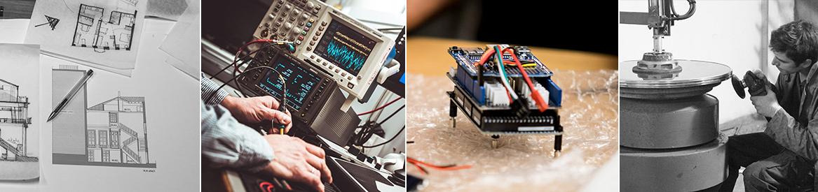 four images: student sanding down a metal disc edge, a circuit board/electronic piece, someone testing electrical frequencies, oscilloscope operated by a student, and blueprints of a building