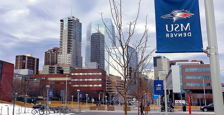 Blue MSU Denver flag with the Denver skyline in the background.